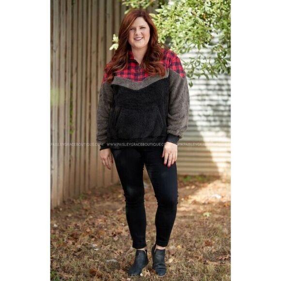 Grace & Emma Sherpa Pullover Size XL Jacket Country Chic Buffalo Plaid Bonfire - Picture 4 of 5